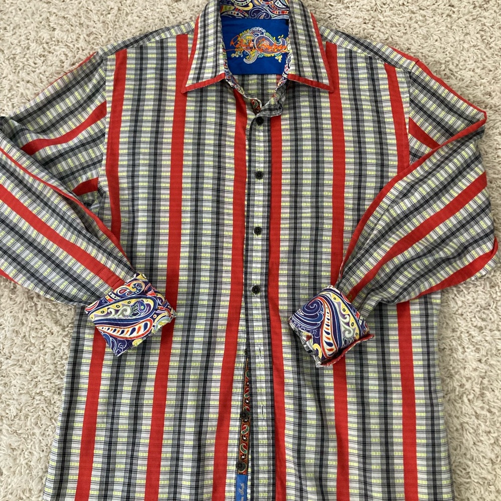 MEN'S ROBERT GRAHAM BLUE STRIPED BUTTON DOWN DRESS SHIRT CONTRAST  FLIP CUFF M